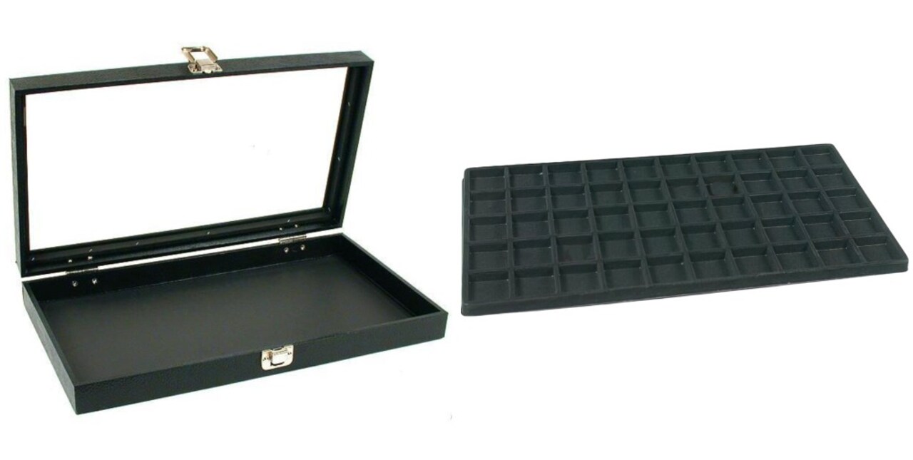Black Glass Top Jewelry Case w/ 1 Black 50-Slot Plastic Tray(Single metal latch)